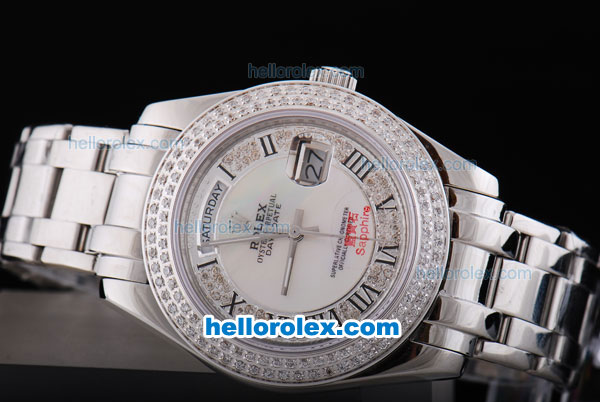 Rolex Day-Date Oyster Perpetual Automatic Full Diamond Bezel with White and Diamond Dial,Roman Marking-Big Calendar - Click Image to Close